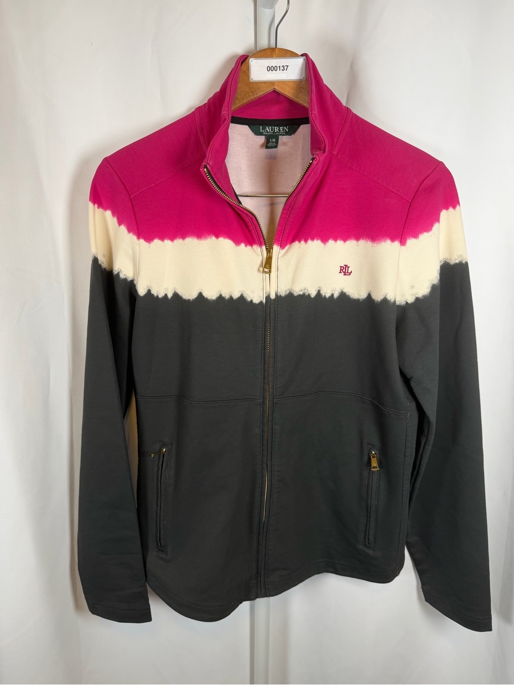 Lauren Ralph Lauren Women’s Large Full Zip Jacket Pink Gray Colorblock RLL Logo